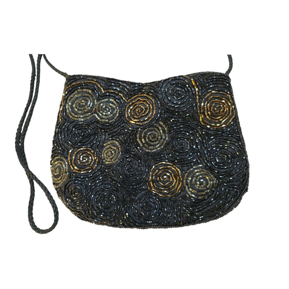 Vanessa Vintage Beaded Black Brown Evening Bag